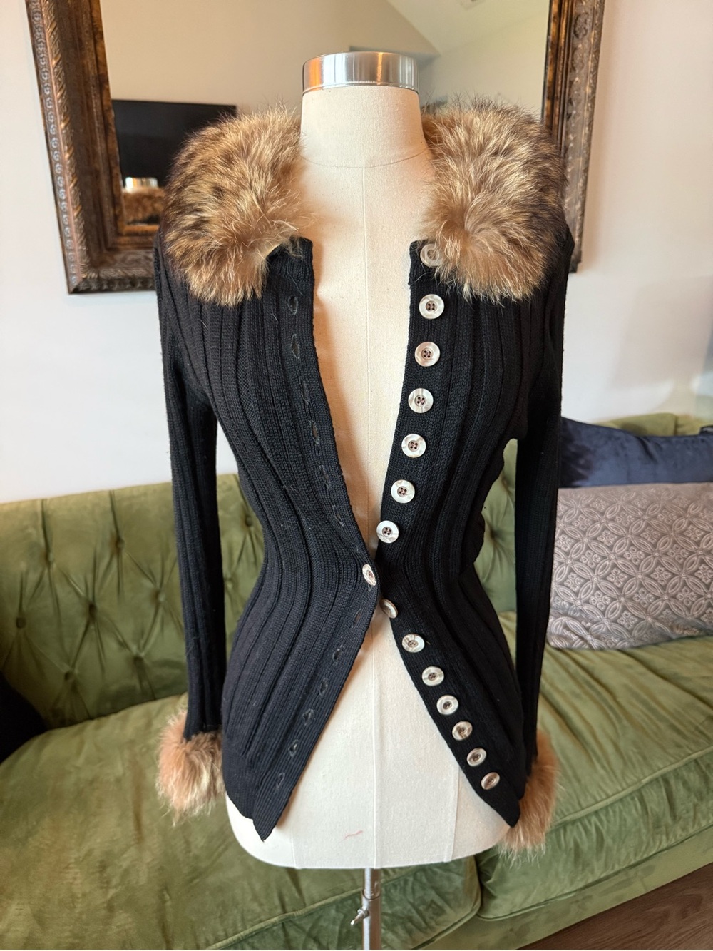 Real Vintage Fur Trimmed & Cuffed Black Ribbed Button-Front Sweater
